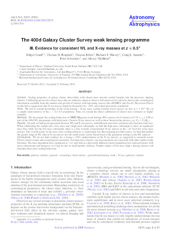 The 400d Galaxy Cluster Survey weak lensing programme. III. Evidence for consistent WL and X-ray masses at z ≈ 0.5 Thumbnail
