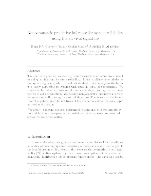 Nonparametric predictive inference for system reliability using the survival signature Thumbnail