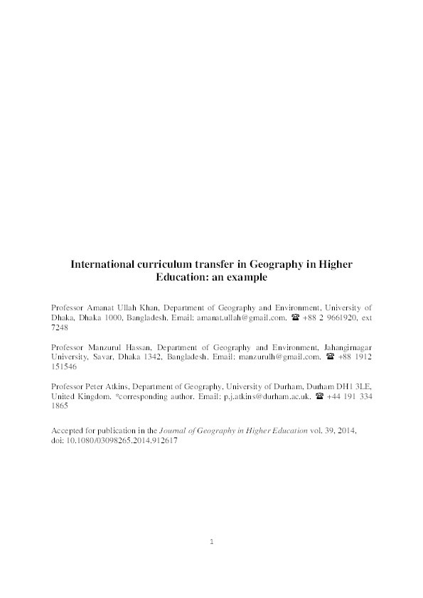International curriculum transfer in geography in higher education: an example Thumbnail