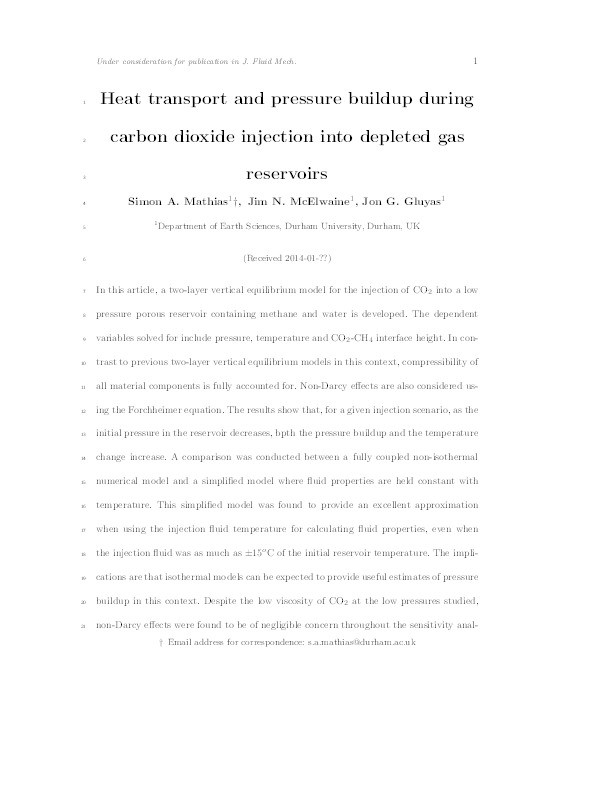 Heat transport and pressure buildup during carbon dioxide injection into depleted gas reservoirs Thumbnail