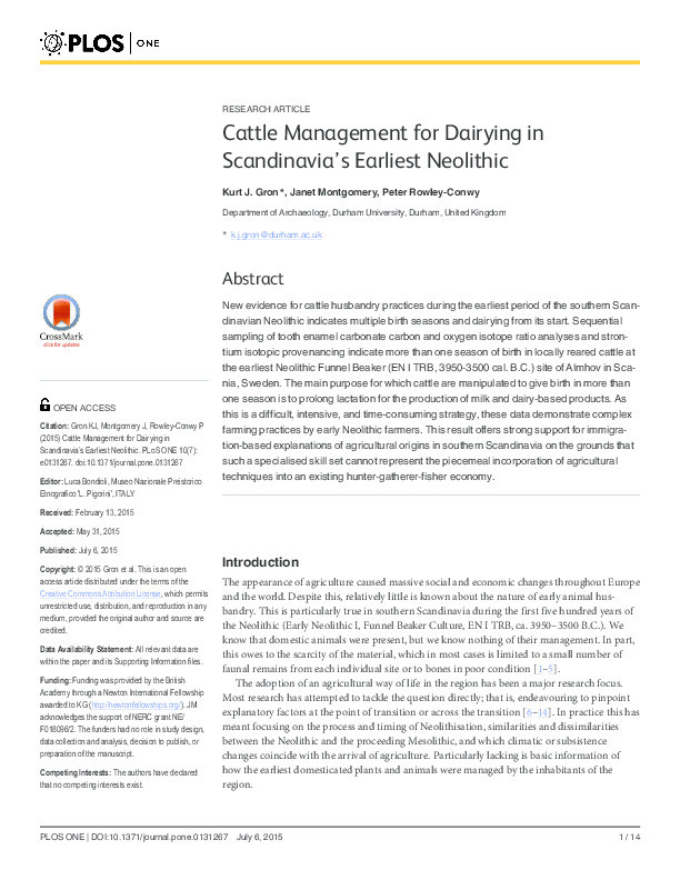 Cattle Management for Dairying in Scandinavia’s earliest Neolithic Thumbnail