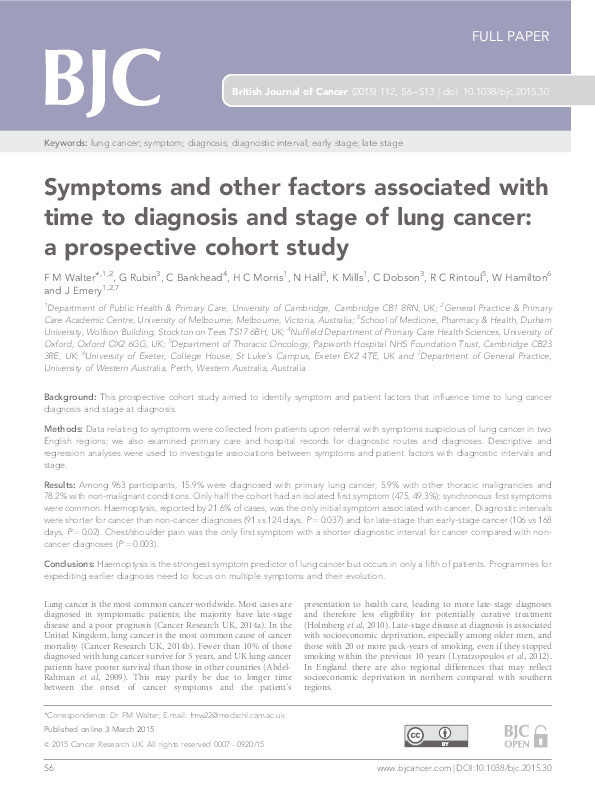 Symptoms and other factors associated with time to diagnosis and stage of lung cancer: a prospective cohort study Thumbnail