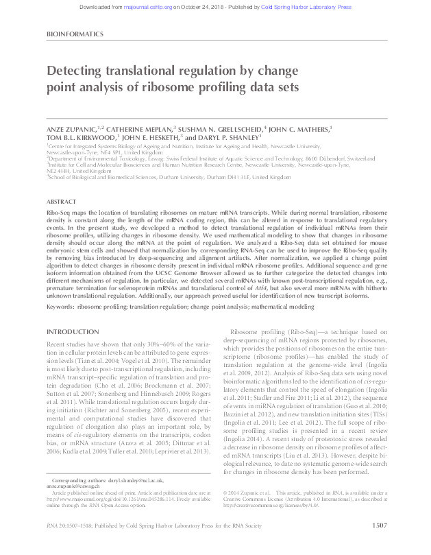 Detecting translational regulation by change point analysis of ribosome profiling data sets Thumbnail