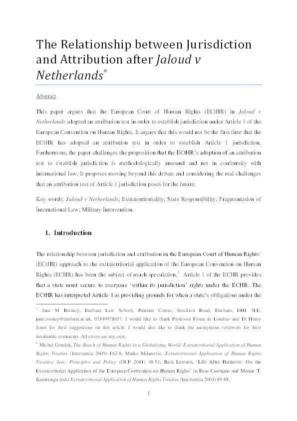 The relationship between jurisdiction and attribution after Jaloud v. Netherlands Thumbnail