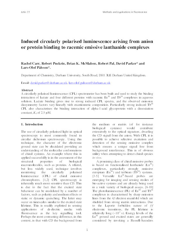 Induced circularly polarized luminescence arising from anion or protein binding to racemic emissive lanthanide complexes Thumbnail