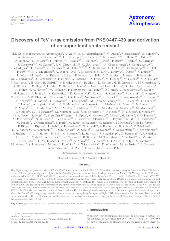 Discovery of TeV γ-ray emission from PKS 0447-439 and derivation of an upper limit on its redshift Thumbnail