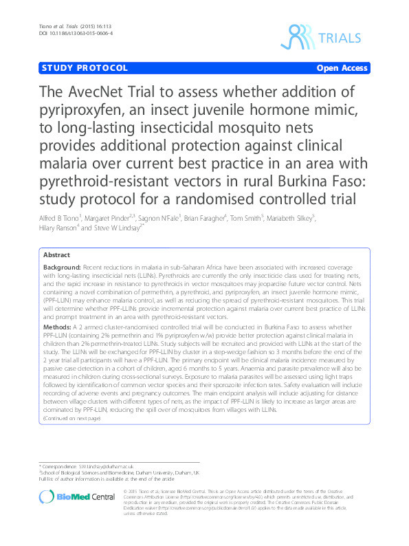 The AvecNet Trial to assess whether addition of pyriproxyfen, an insect juvenile hormone mimic, to long-lasting insecticidal mosquito nets provides additional protection against clinical malaria over current best practice in an area with pyrethroid-resistant vectors in rural Burkina Faso: study protocol for a randomised controlled trial Thumbnail