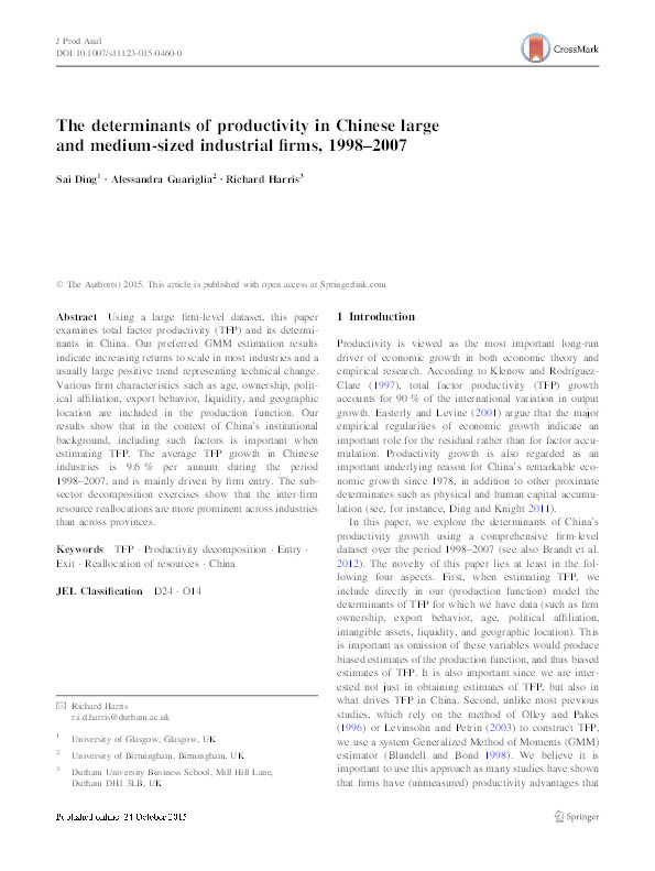 The determinants of productivity in Chinese large and medium-sized industrial firms, 1998-2007 Thumbnail