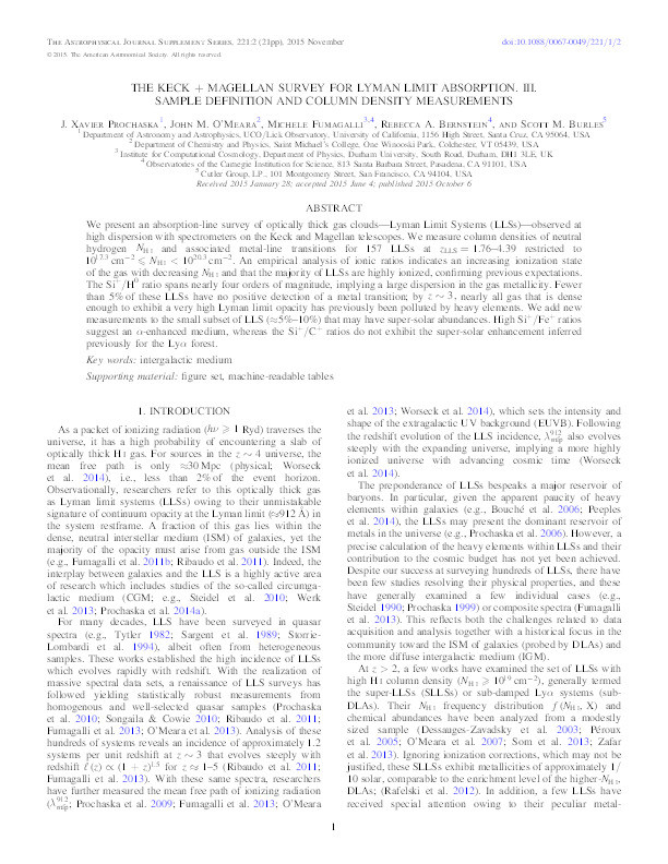 The Keck + Magellan Survey for Lyman Limit Absorption. III. Sample Definition and Column Density Measurements Thumbnail