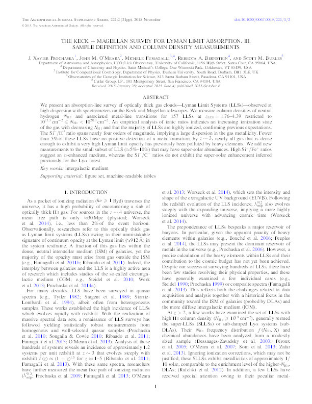 The Keck + Magellan Survey for Lyman Limit Absorption. III. Sample Definition and Column Density Measurements Thumbnail