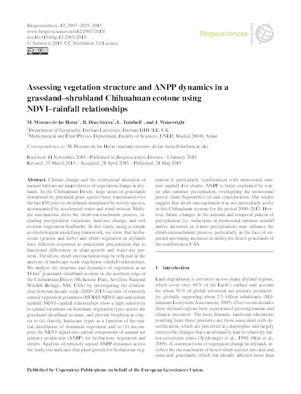 Assessing vegetation structure and ANPP dynamics in a grassland–shrubland Chihuahuan ecotone using NDVI–rainfall relationships Thumbnail