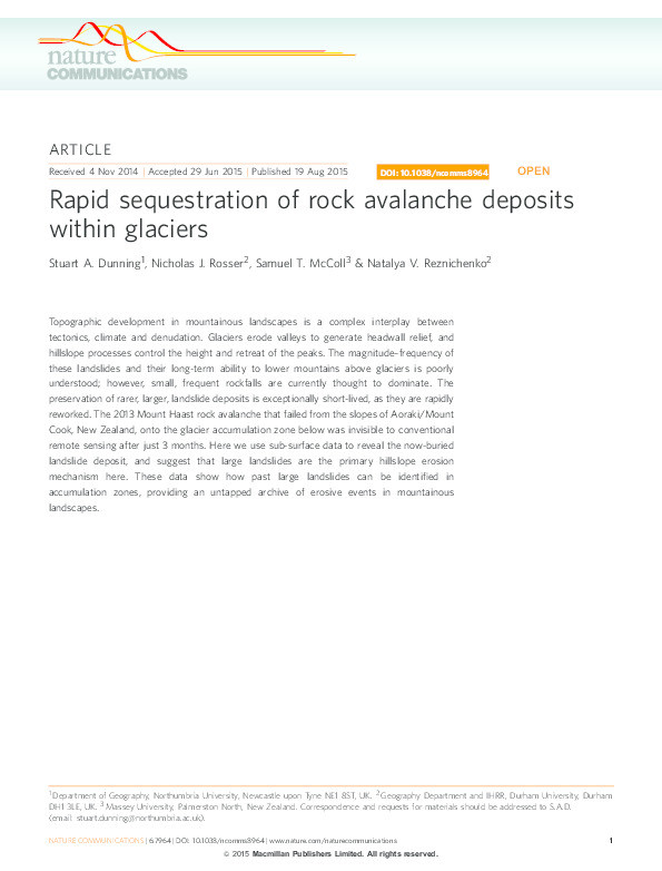 Rapid sequestration of rock avalanche deposits within glaciers Thumbnail