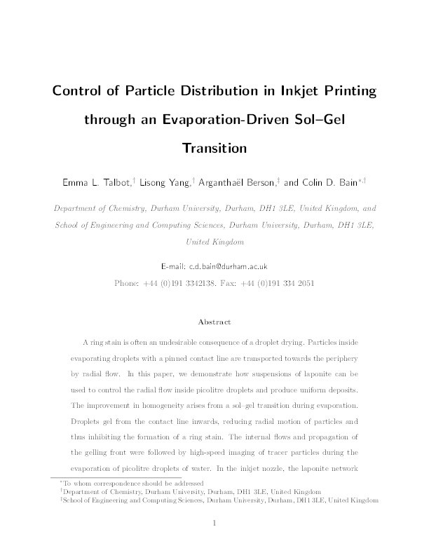 Control of the Particle Distribution in Inkjet Printing through an Evaporation-Driven Sol-Gel Transition Thumbnail