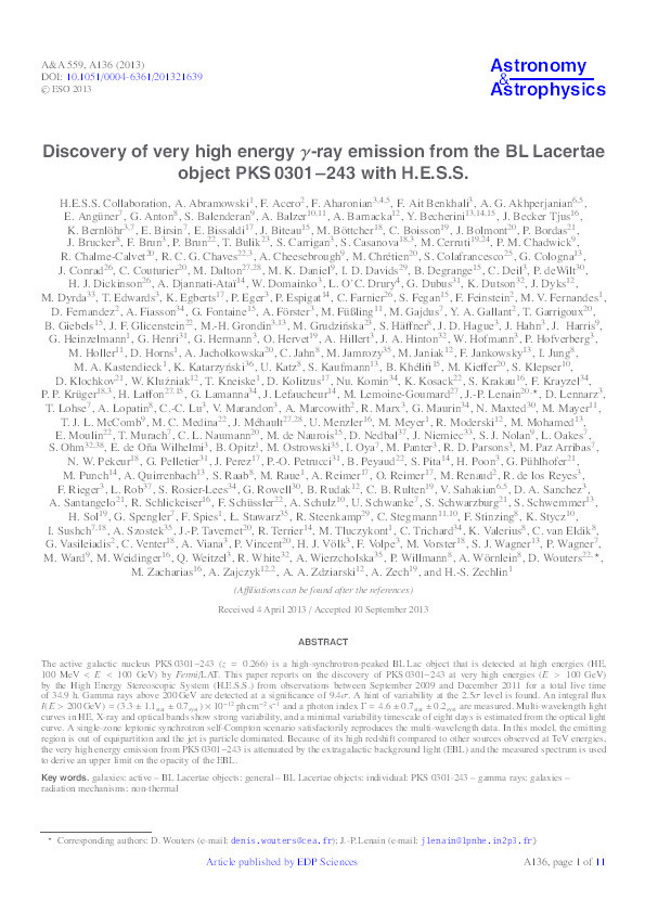 Discovery of very high energy γ-ray emission from the BL Lacertae object PKS 0301−243 with H.E.S.S Thumbnail