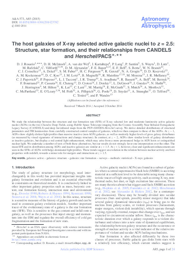 The host galaxies of X-ray selected active galactic nuclei to z = 2.5: Structure, star formation, and their relationships from CANDELS and Herschel/PACS Thumbnail