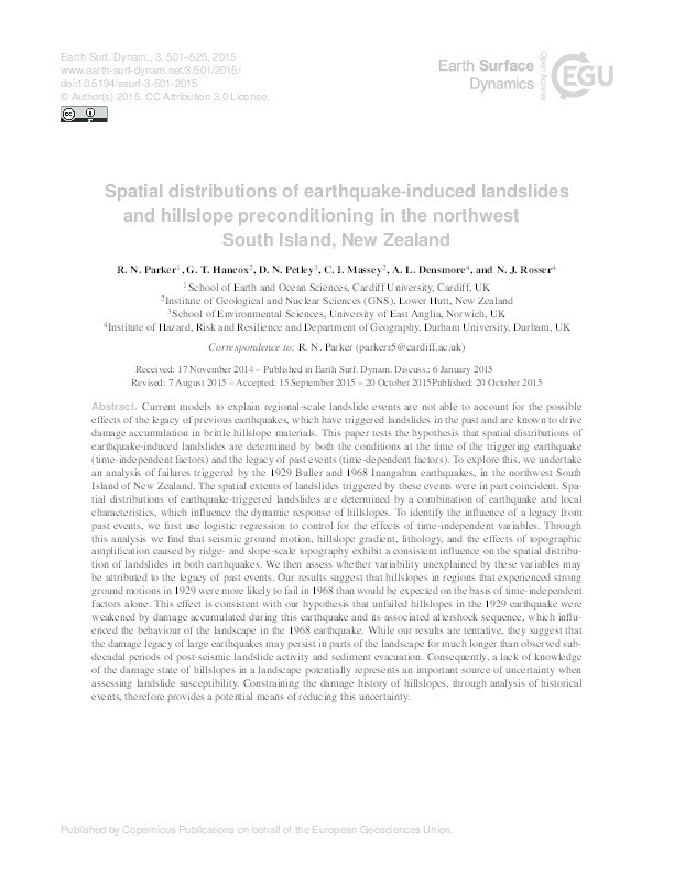 Spatial distributions of earthquake-induced landslides and hillslope preconditioning in northwest South Island, New Zealand Thumbnail