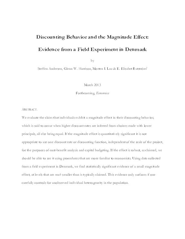 Discounting Behaviour and the Magnitude Effect: Evidence from a Field Experiment in Denmark Thumbnail