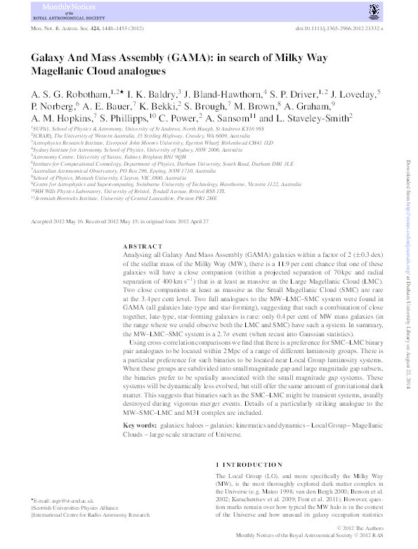 Galaxy And Mass Assembly (GAMA) : in search of Milky Way Magellanic Cloud analogues Thumbnail