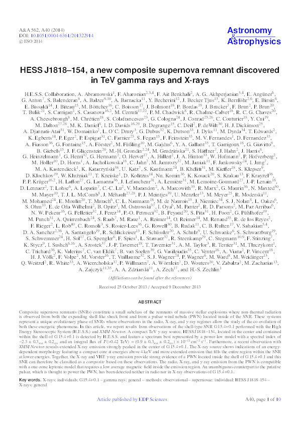 HESS J1818–154, a new composite supernova remnant discovered in TeV gamma rays and X-rays Thumbnail