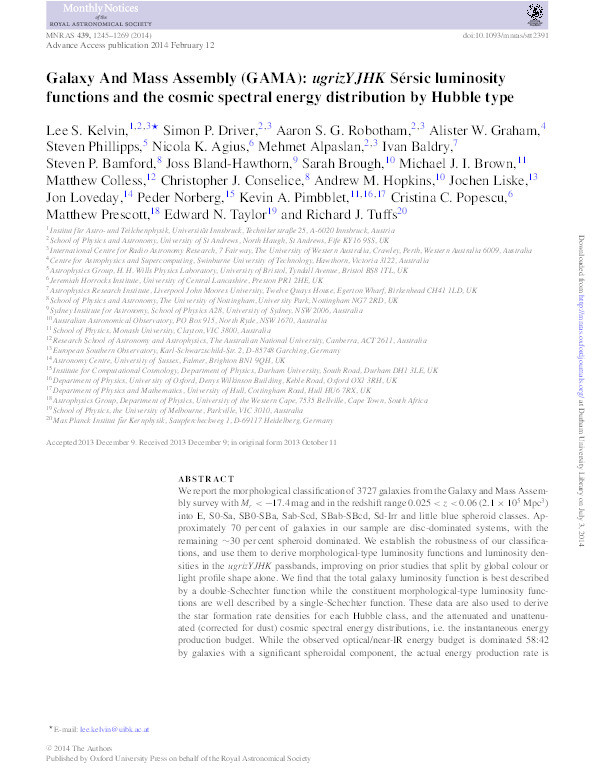 Galaxy And Mass Assembly (GAMA): ugrizYJHK Sérsic luminosity functions and the cosmic spectral energy distribution by Hubble type Thumbnail