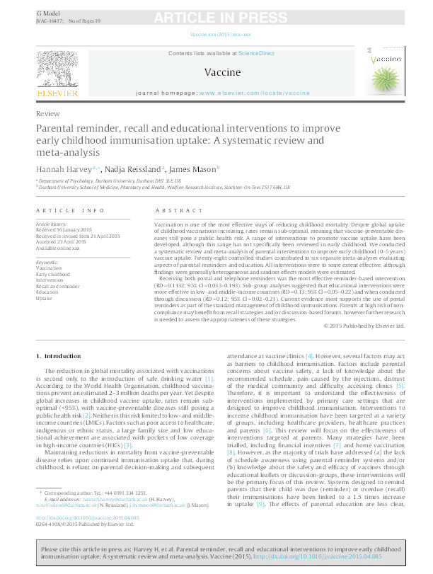 Parental reminder, recall and educational interventions to improve early childhood immunisation uptake: A systematic review and meta-analysis Thumbnail