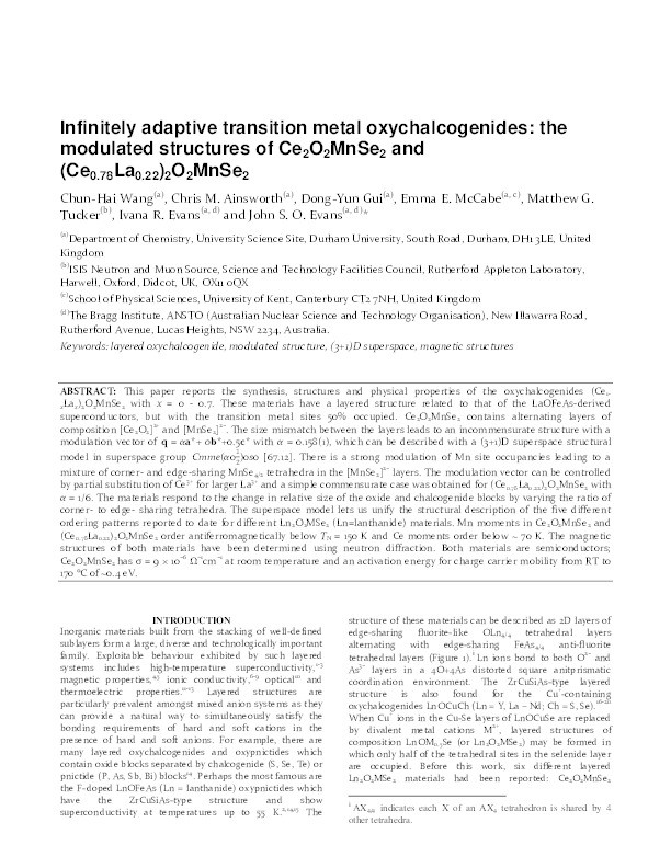 Infinitely Adaptive Transition Metal Oxychalcogenides: The Modulated Structures of Ce2O2MnSe2 and (Ce0.78La0.22)2O2MnSe2 Thumbnail