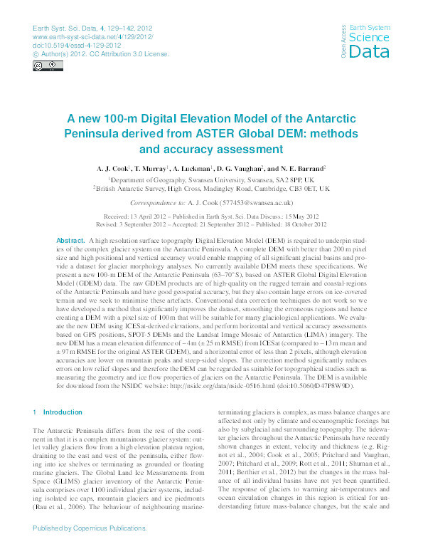 A new 100-m Digital Elevation Model of the Antarctic Peninsula derived from ASTER Global DEM: methods and accuracy assessment Thumbnail
