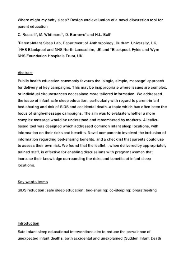 Where might my baby sleep? Design and evaluation of a novel discussion tool for parent education Thumbnail