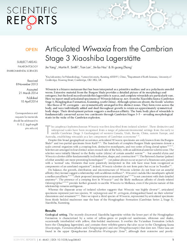 Articulated Wiwaxia from the Cambrian Stage 3 Xiaoshiba Lagerstätte Thumbnail