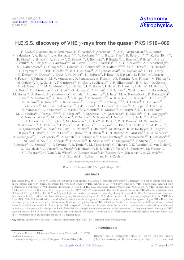 H.E.S.S. discovery of VHE γ-rays from the quasar PKS 1510−089 Thumbnail