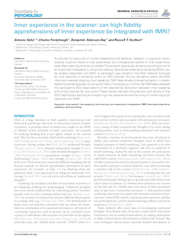 Inner experience in the scanner: Can high fidelity apprehensions of inner experience be integrated with fMRI? Thumbnail