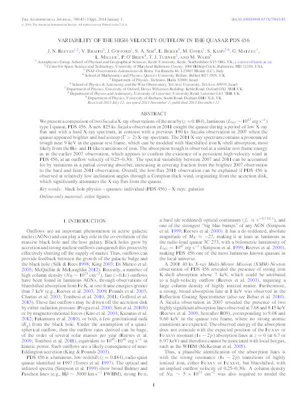 Variability of the High-velocity Outflow in the Quasar PDS 456 Thumbnail