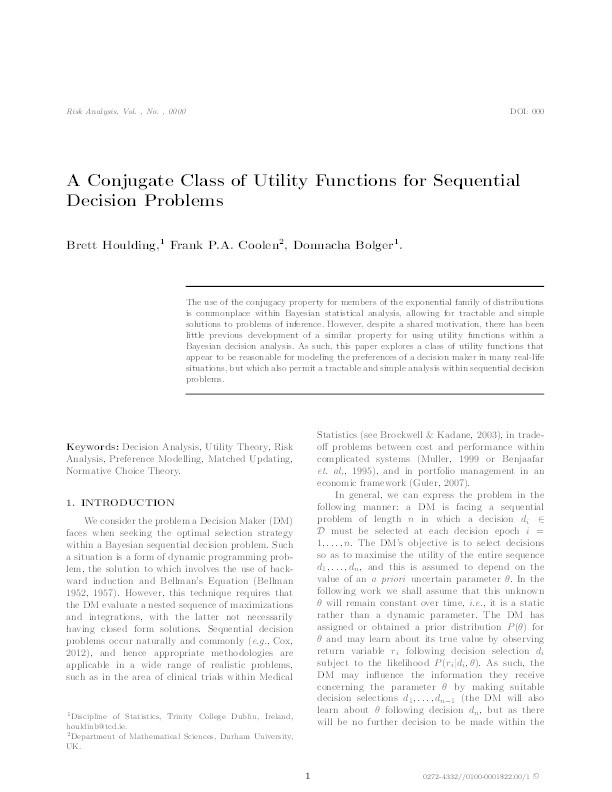 A conjugate class of utility functions for sequential decision problems Thumbnail