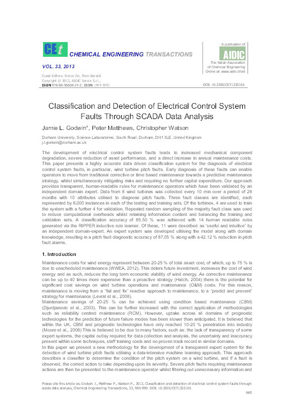 Classification and Detection of Electrical Control System Faults Through SCADA Data Analysis Thumbnail
