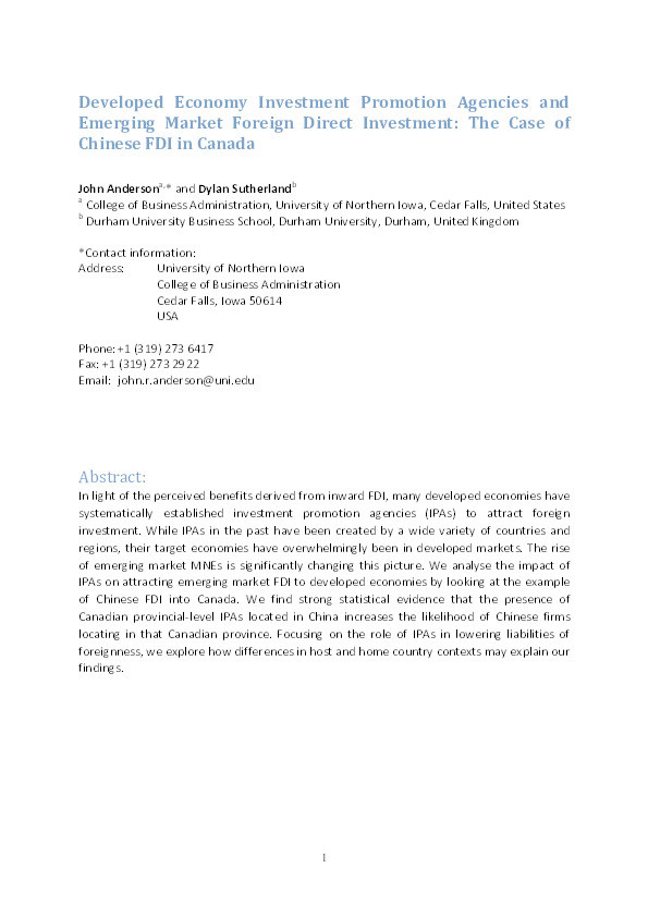 Developed Economy Investment Promotion Agencies and Emerging Market Foreign Direct Investment: The Case of Chinese FDI in Canada Thumbnail