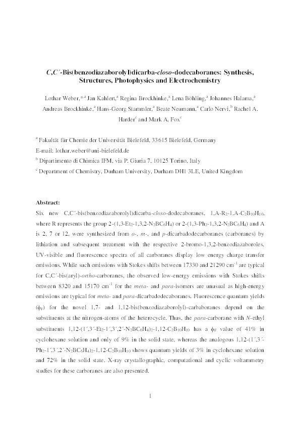 C,C′-Bis(benzodiazaborolyl)dicarba-closo-dodecaboranes: Synthesis, structures, photophysics and electrochemistry Thumbnail