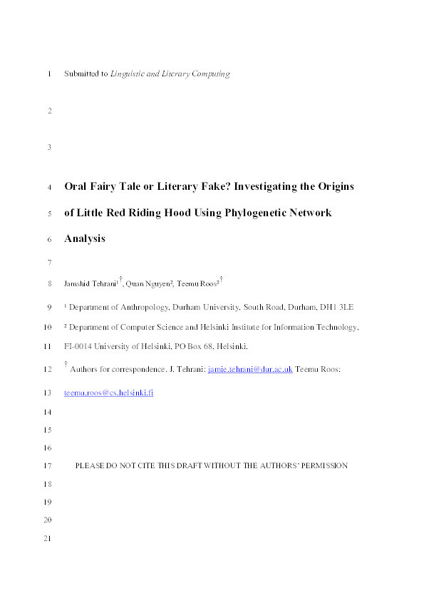 Oral Fairy Tale or Literary Fake? Investigating the Origins of Little Red Riding Hood Using Phylogenetic Network Analysis Thumbnail