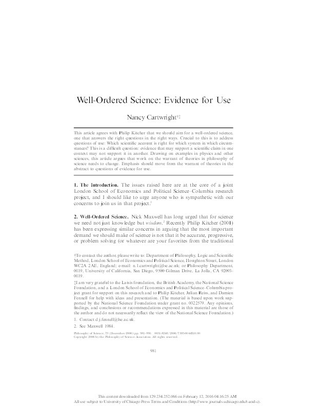Well-Ordered Science: Evidence for Use Thumbnail