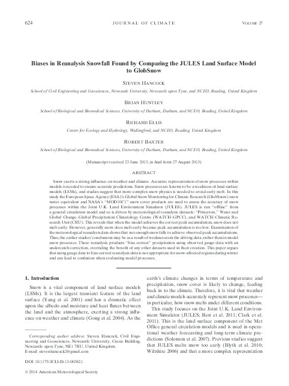 Biases in Reanalysis Snowfall Found by Comparing the JULES Land Surface Model to GlobSnow Thumbnail