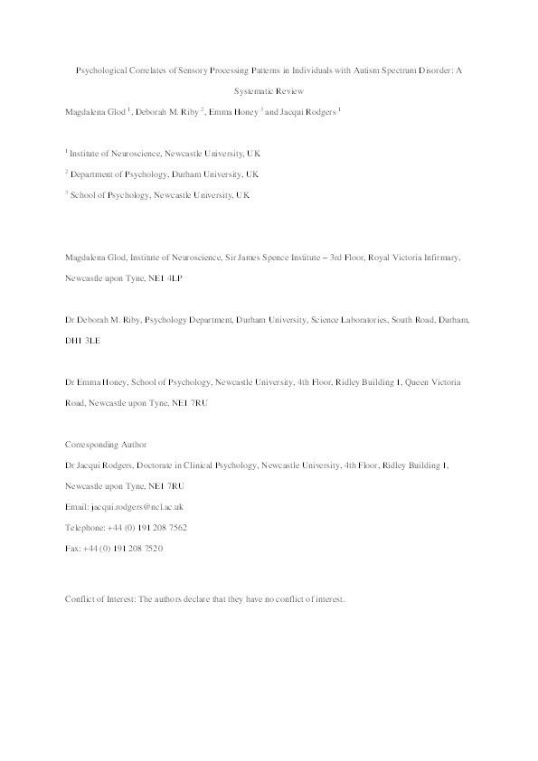 Psychological Correlates of Sensory Processing Patterns in Individuals with Autism Spectrum Disorder: A Systematic Review Thumbnail