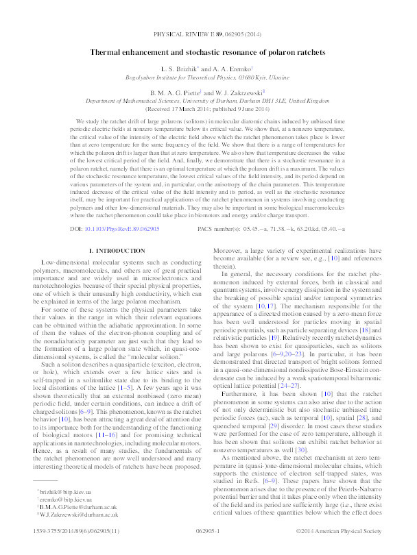 Thermal enhancement and stochastic resonance of polaron ratchet Thumbnail
