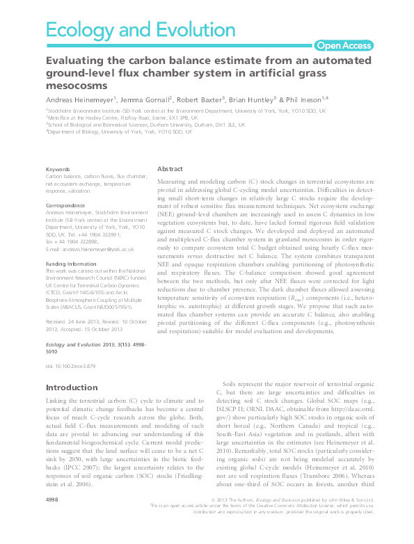 Evaluating the carbon balance estimate from an automated ground-level flux chamber system in artificial grass mesocosms Thumbnail