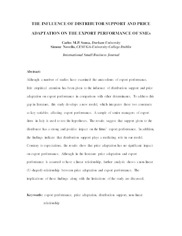 The influence of distributor support and price adaptation on the export performance of small and medium-sized enterprises Thumbnail