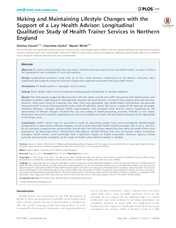 Making and maintaining lifestyle changes with the support of a lay health advisor: longitudinal qualitative study of health trainer services in northern England Thumbnail