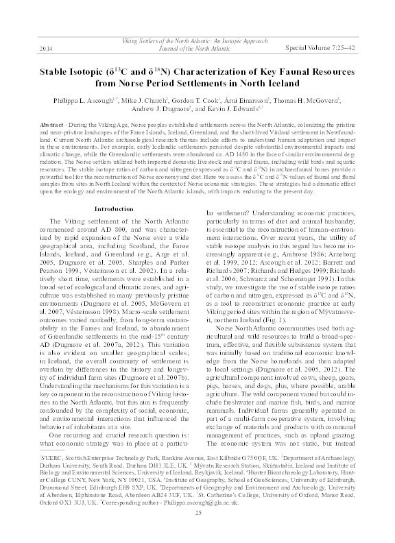 Stable isotopic (δ13C and δ15N) characterization of key faunal resources from Norse period settlements in North Iceland Thumbnail