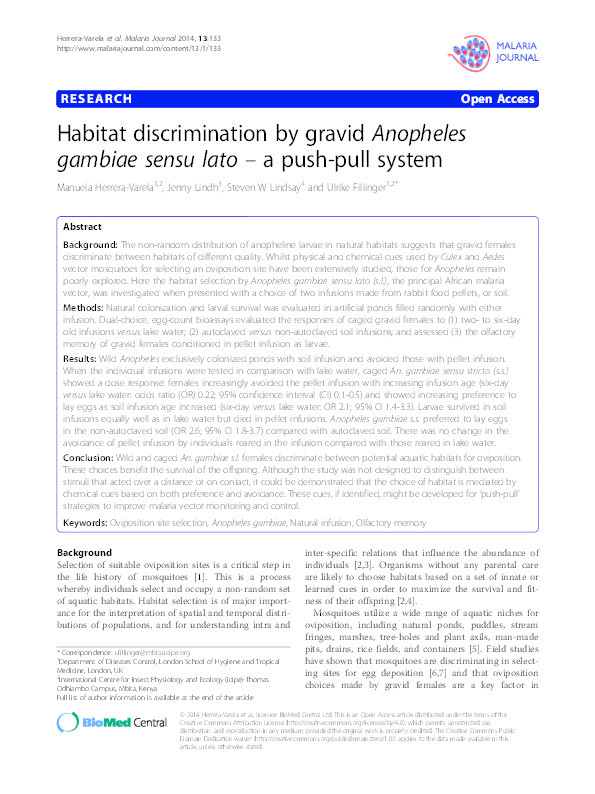 Habitat discrimination by gravid Anopheles gambiae sensu lato – a push-pull system Thumbnail