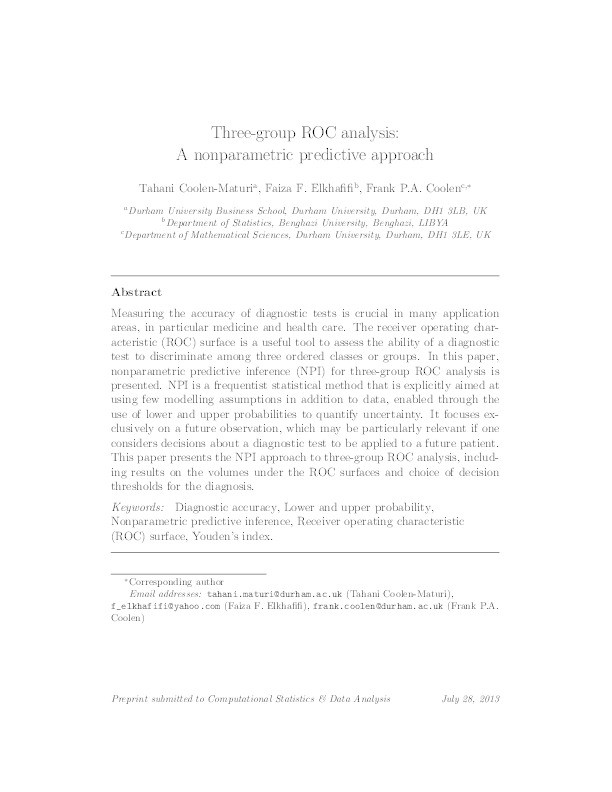 Three-group ROC analysis: a nonparametric predictive approach Thumbnail