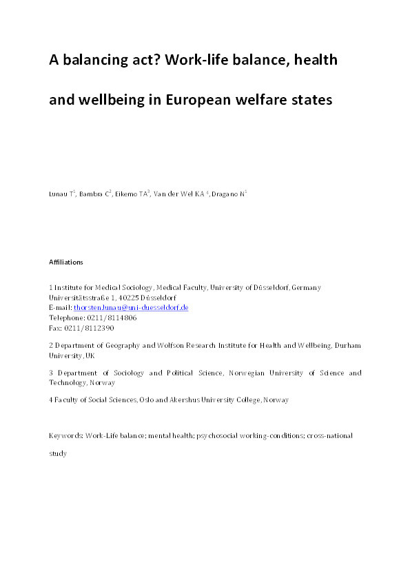 A balancing act? Work-life balance and health and wellbeing in European welfare states Thumbnail