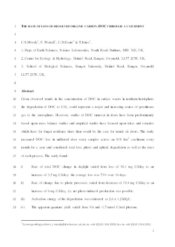The rate of loss of dissolved organic carbon (DOC) through a catchment Thumbnail