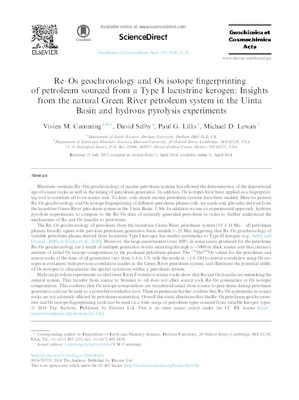 Re–Os geochronology and Os isotope fingerprinting of petroleum sourced from a Type I lacustrine kerogen: Insights from the natural Green River petroleum system in the Uinta Basin and hydrous pyrolysis experiments Thumbnail